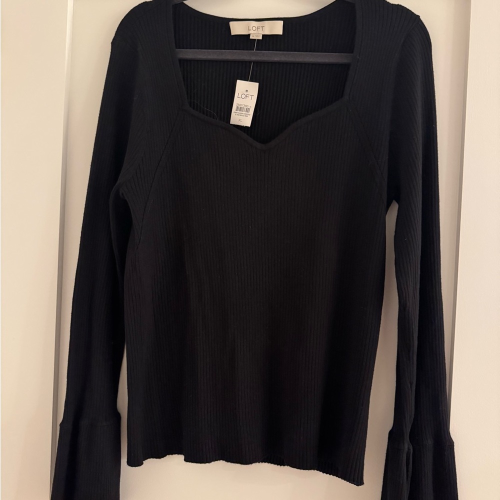 LOFT Black Long Sleeve Ribbed Top